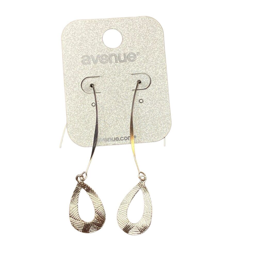 Avenue Long Drop Silver Tone Textured‎ Open Teardrop Hoop Earrings NWT Festival